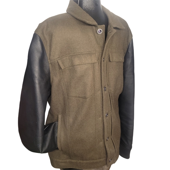 Calvin Klein Men's Classic Olive Wool Blend and Black Faux Leather Car Coat XL - Picture 3 of 7